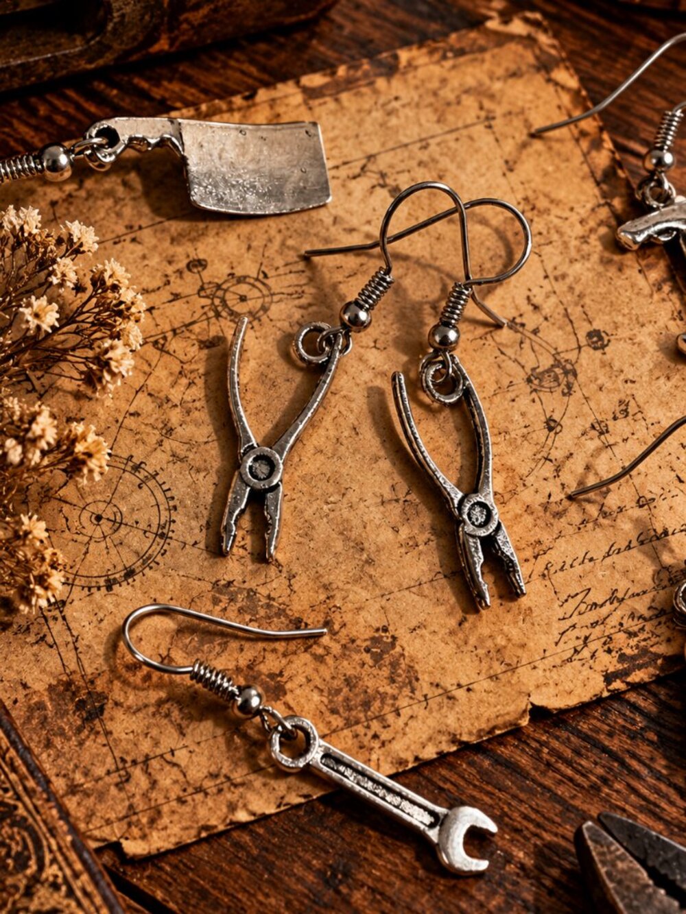 Vintage Style Tool Charm Dangle Earrings – 4 Pairs